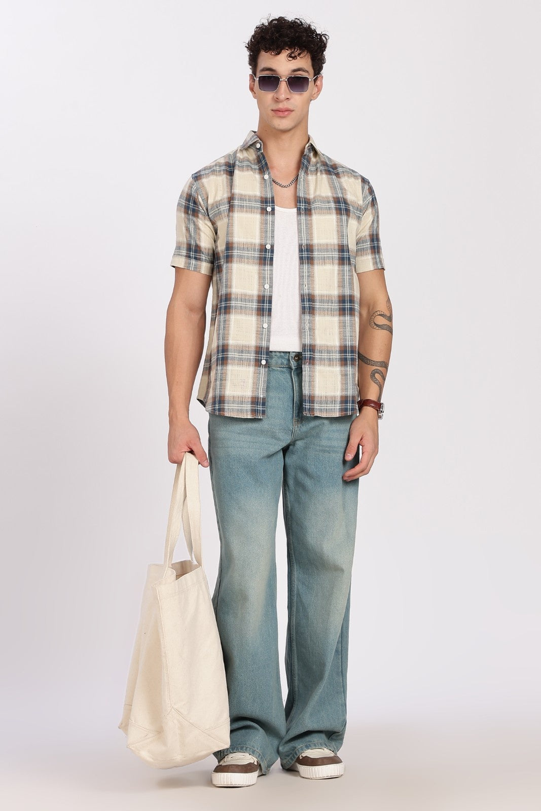 Cream Madras Plaid Half Sleeve Shirt