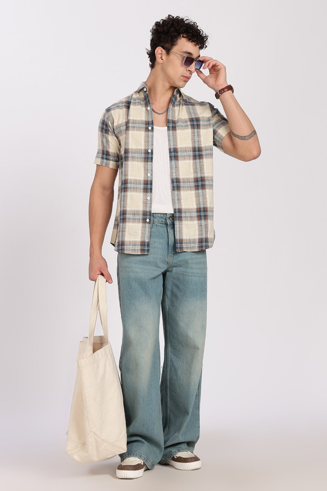 Cream Madras Plaid Half Sleeve Shirt