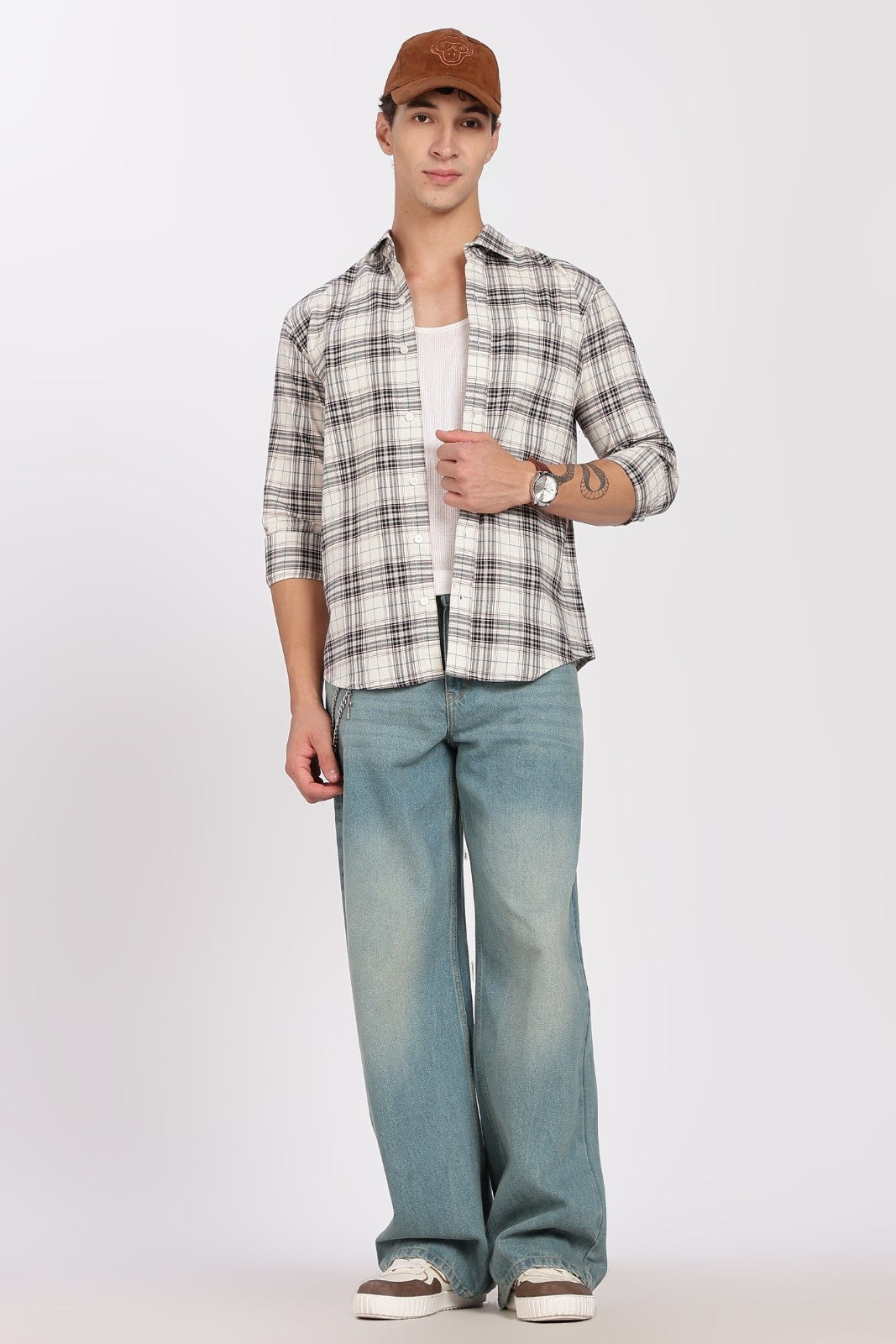 Cream Tartan Check Full Sleeve Flannel Shirt