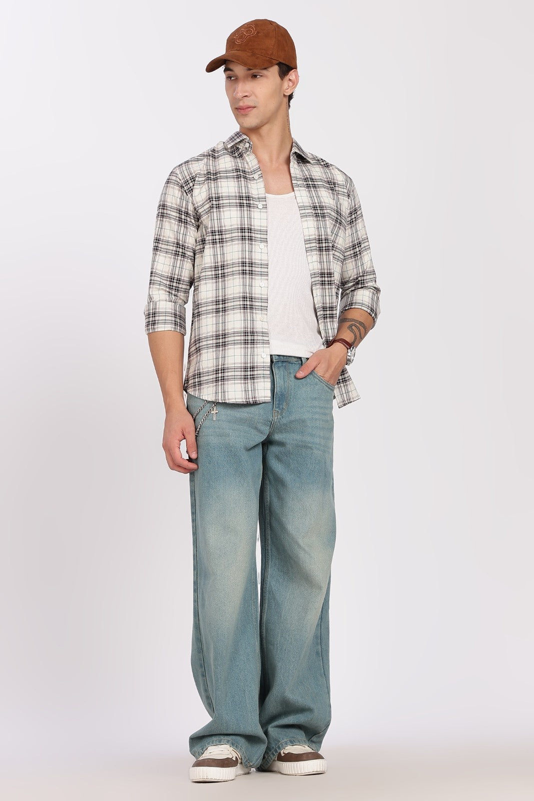 Cream Tartan Check Full Sleeve Flannel Shirt