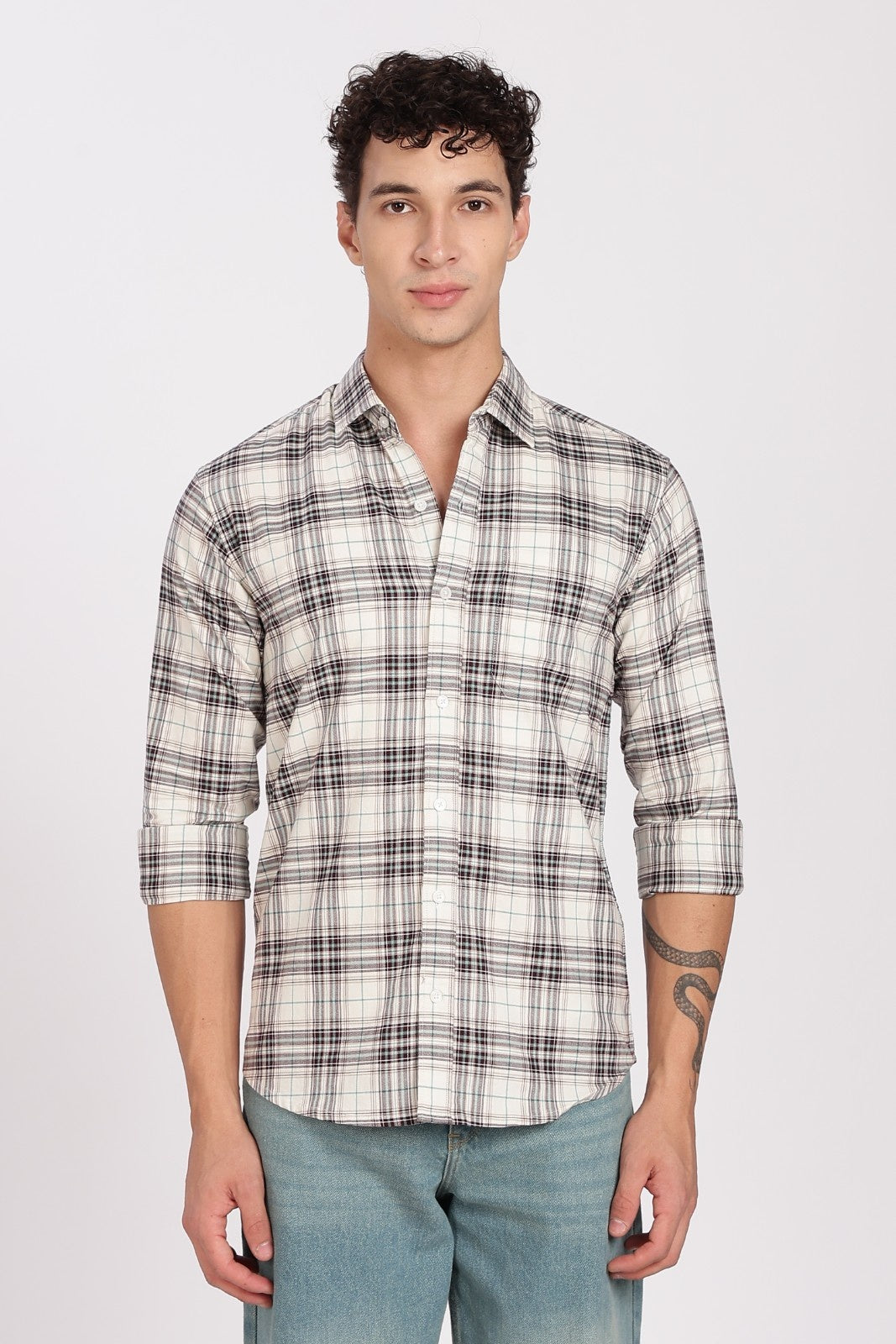 Cream Tartan Check Full Sleeve Flannel Shirt