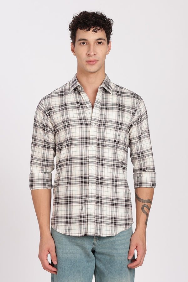 Cream Tartan Check Full Sleeve Flannel Shirt