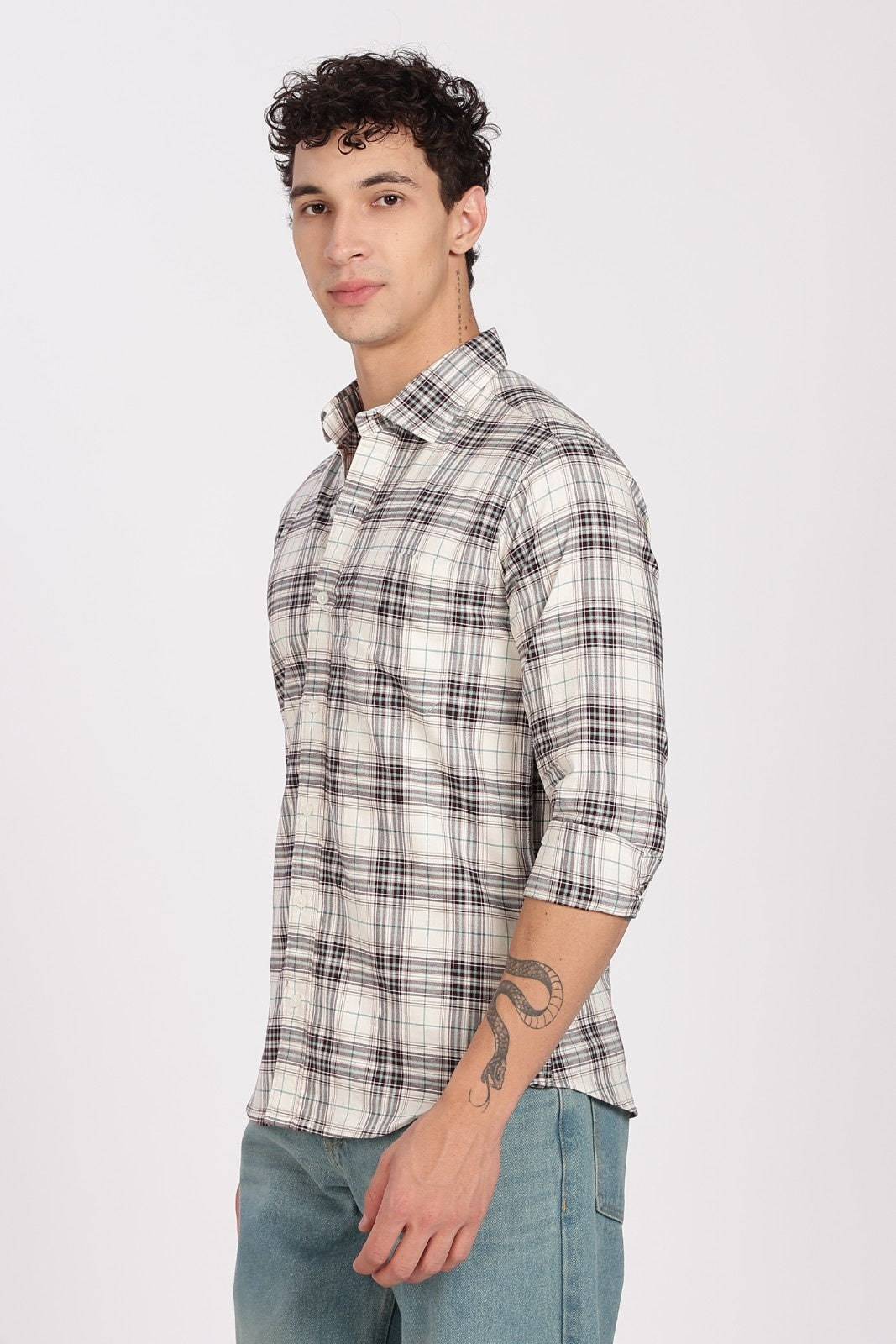Cream Tartan Check Full Sleeve Flannel Shirt