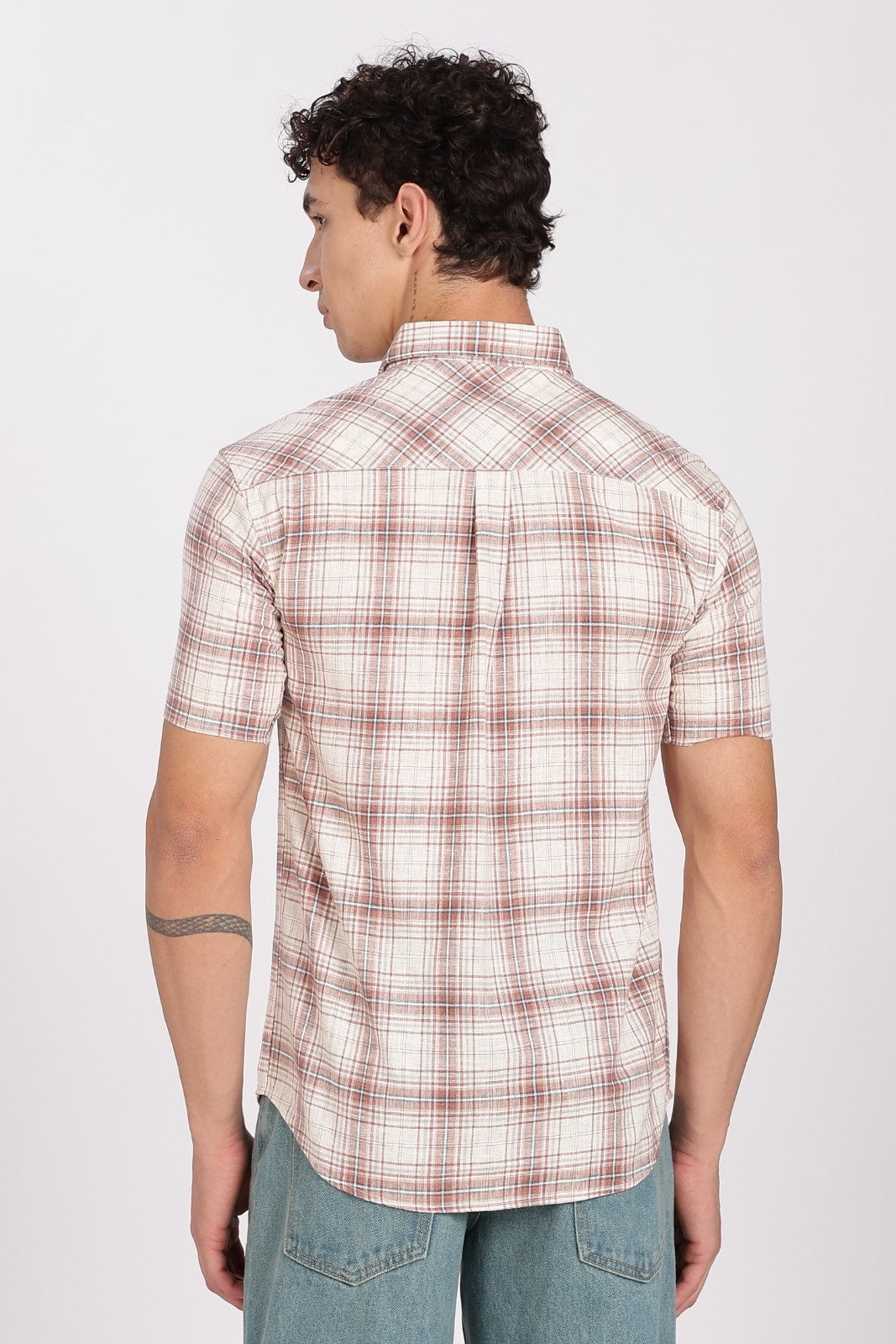 Cream Brown Check Half Sleeve Linen Shirt
