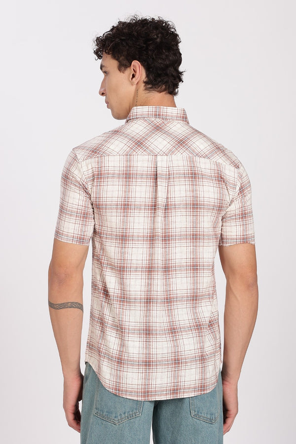 Cream Brown Check Half Sleeve Linen Shirt
