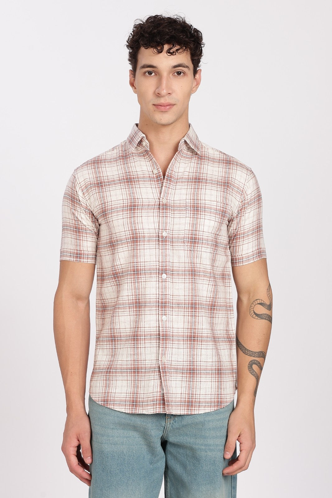 Cream Brown Check Half Sleeve Linen Shirt