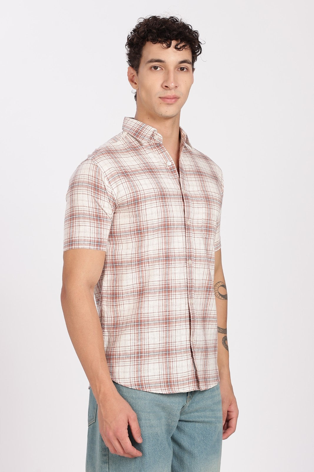 Cream Brown Check Half Sleeve Linen Shirt