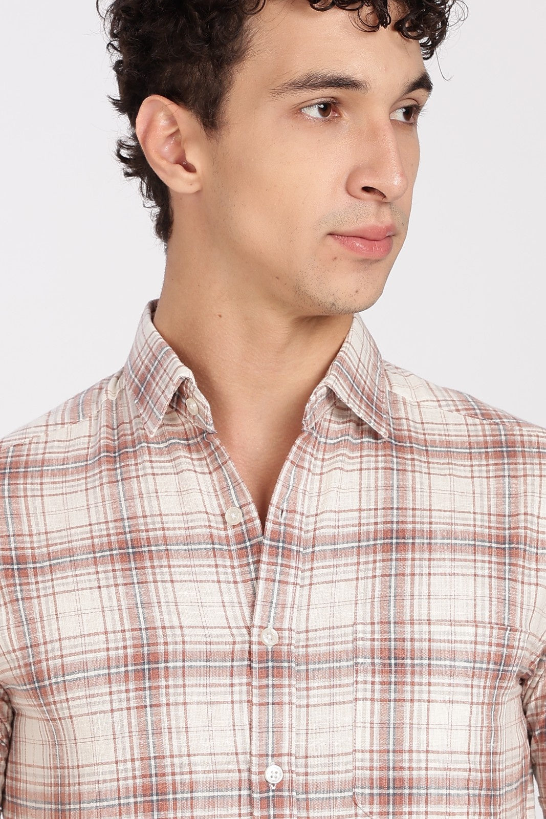 Cream Brown Check Half Sleeve Linen Shirt