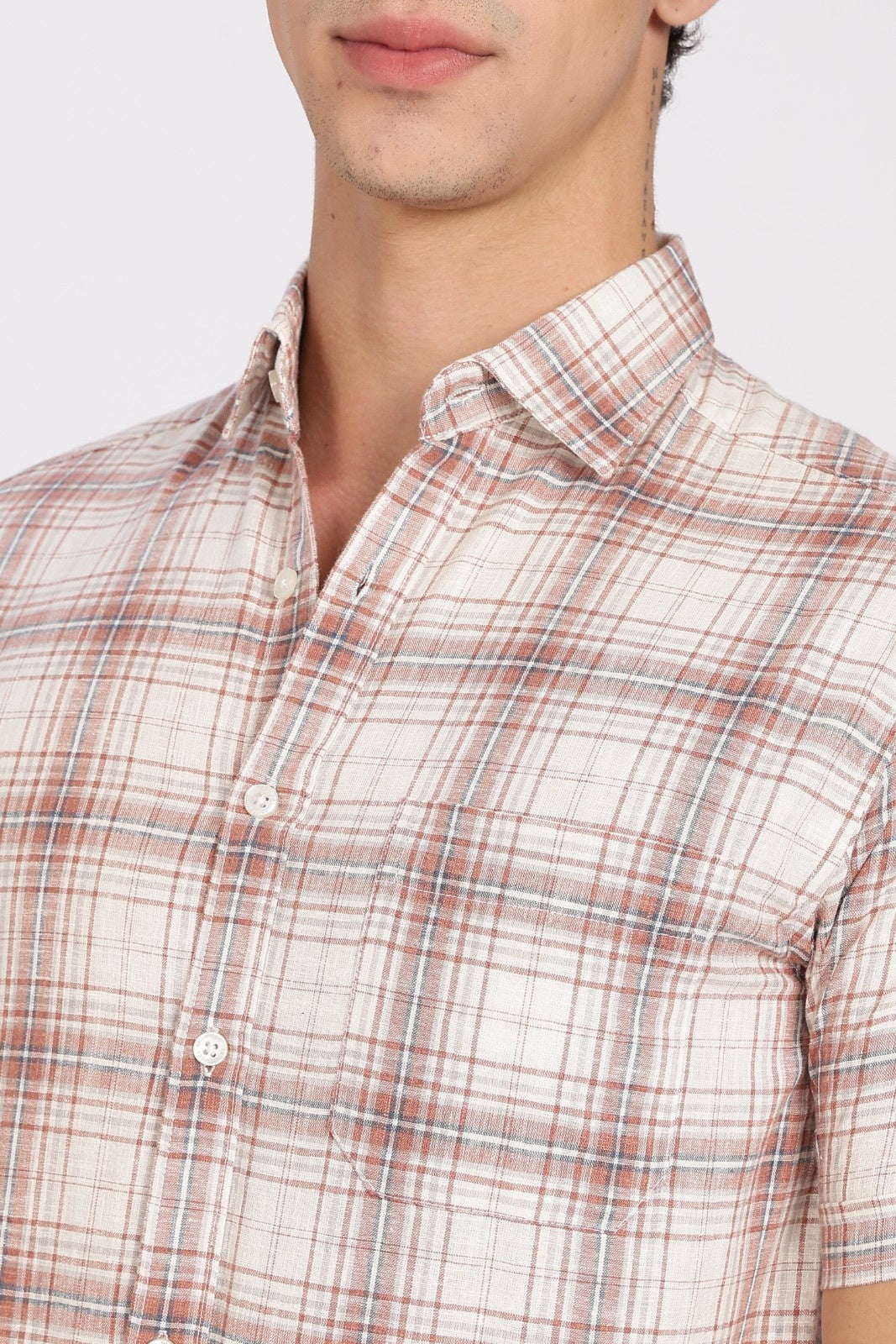 Cream Brown Check Half Sleeve Linen Shirt