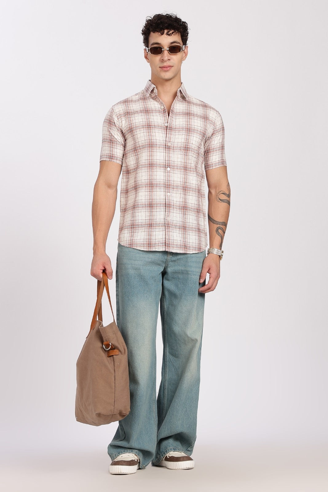 Cream Brown Check Half Sleeve Linen Shirt