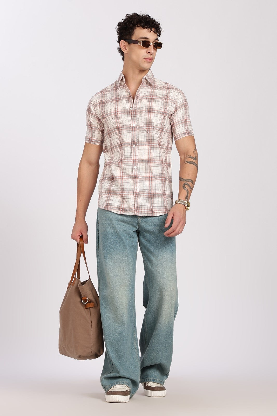Cream Brown Check Half Sleeve Linen Shirt