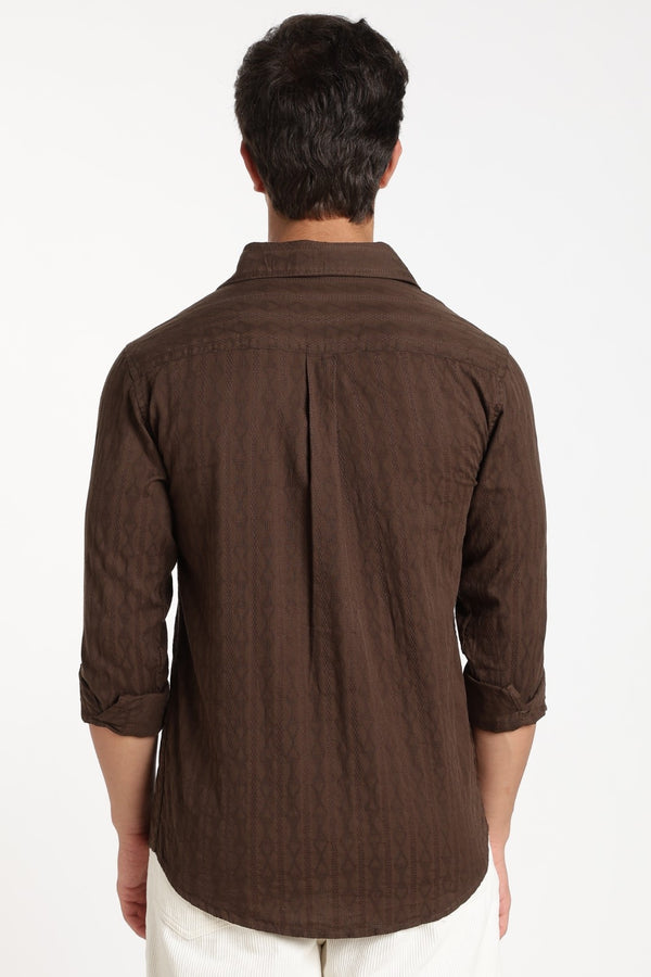 Dark Brown Jacquard Stripe Full Sleeve Shirt