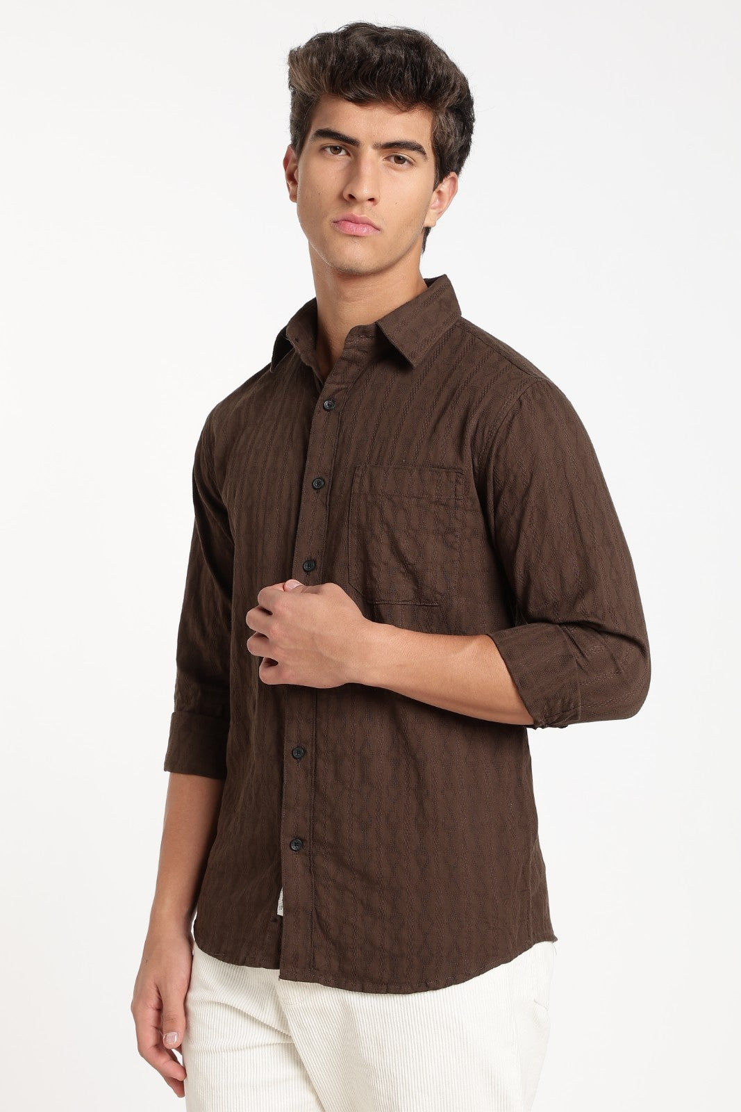 Dark Brown Jacquard Stripe Full Sleeve Shirt
