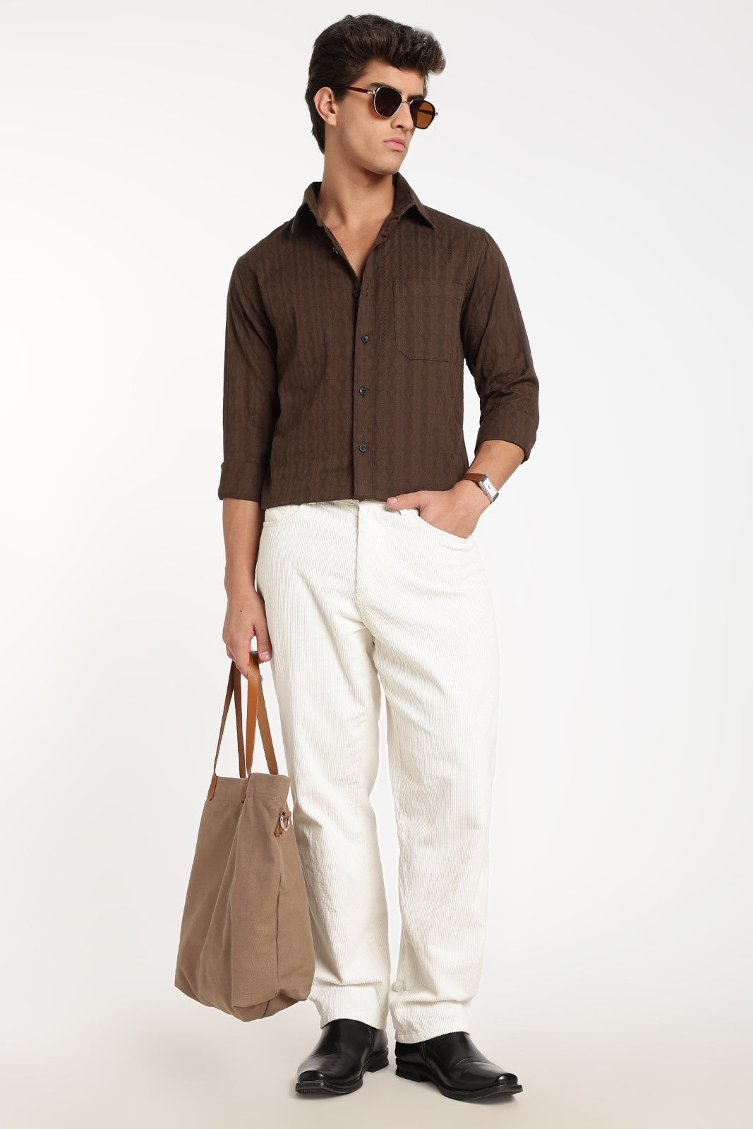 Dark Brown Jacquard Stripe Full Sleeve Shirt