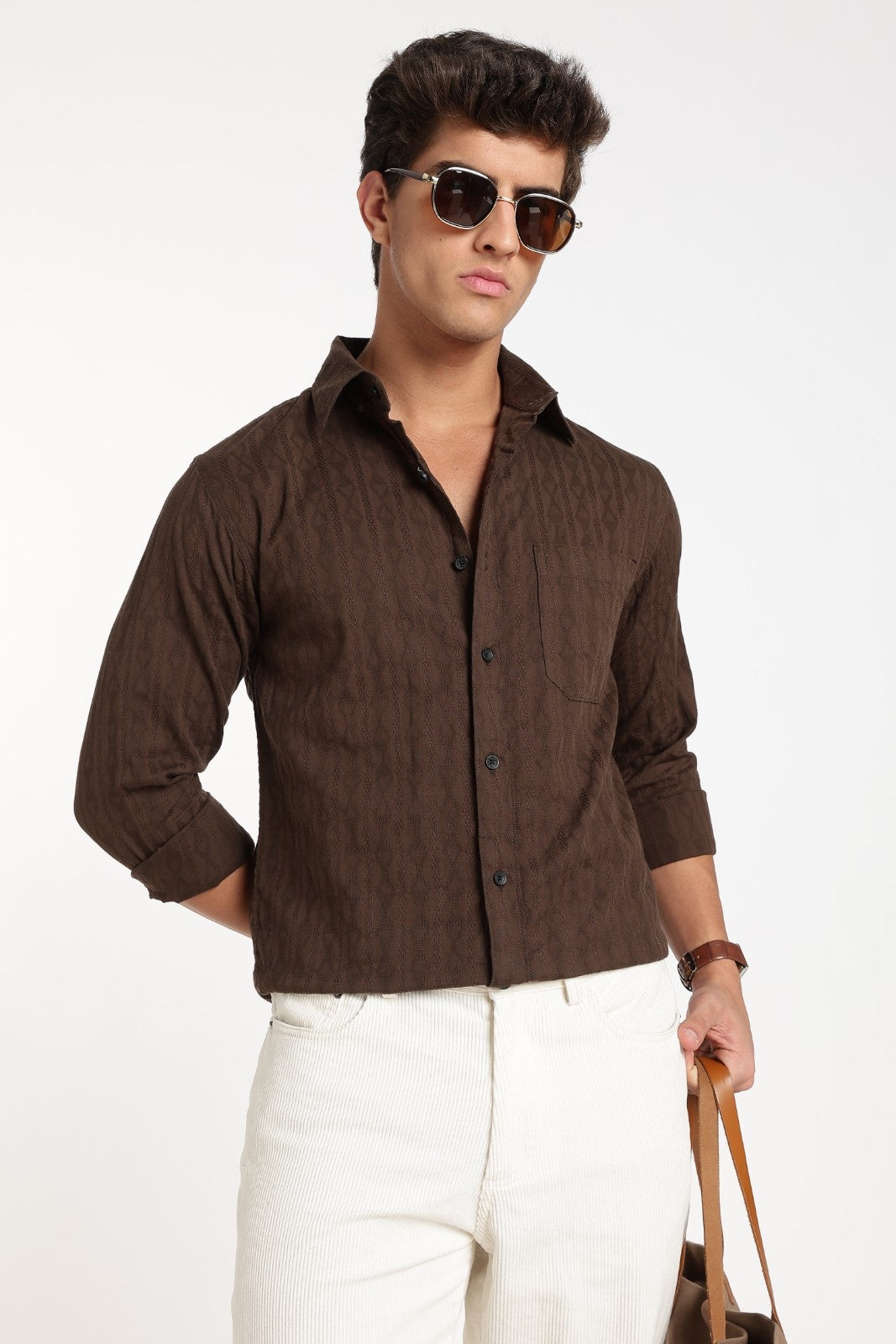 Dark Brown Jacquard Stripe Full Sleeve Shirt