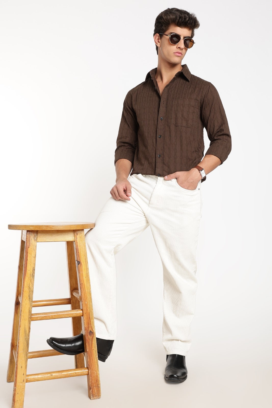 Dark Brown Jacquard Stripe Full Sleeve Shirt