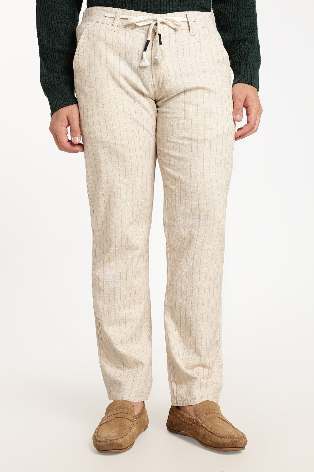 Cream Pinstripe Linen Drawstring Trousers