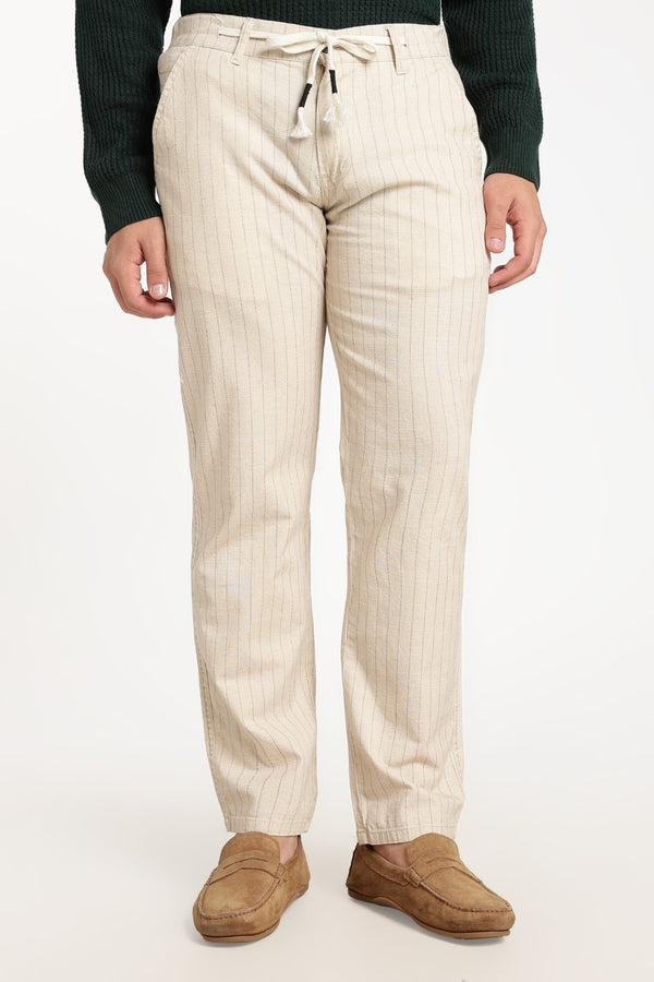 Cream Pinstripe Linen Drawstring Trousers