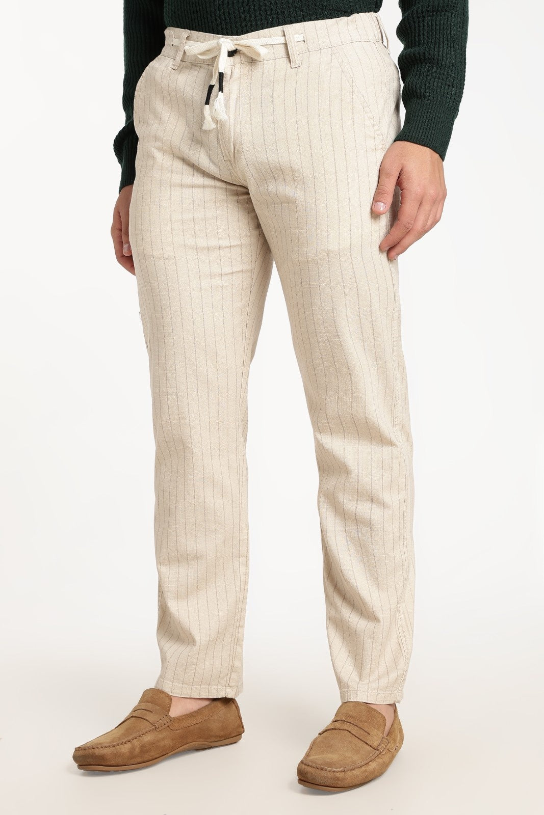 Cream Pinstripe Linen Drawstring Trousers