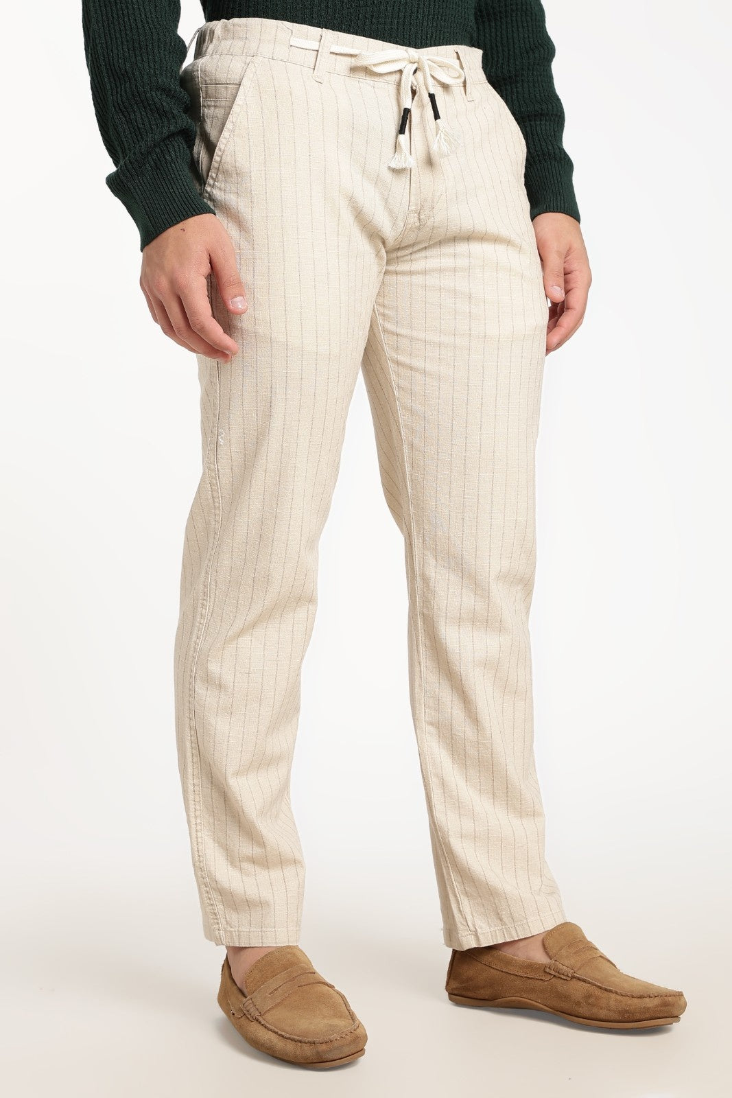 Cream Pinstripe Linen Drawstring Trousers