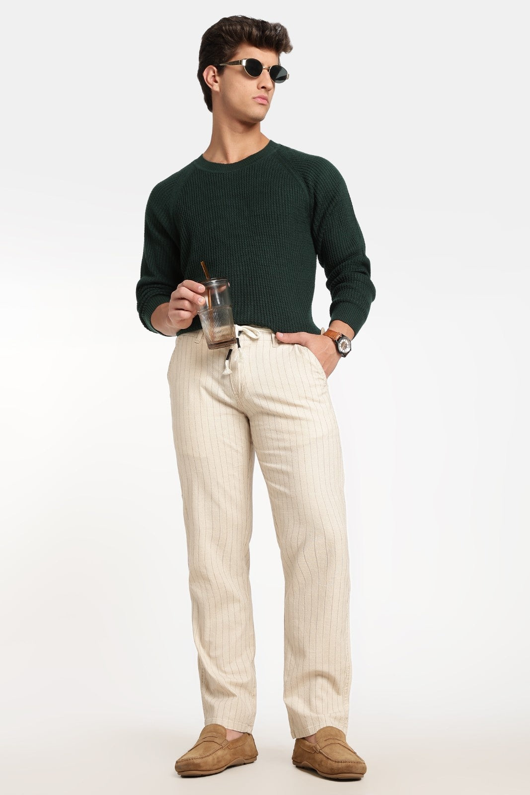 Cream Pinstripe Linen Drawstring Trousers