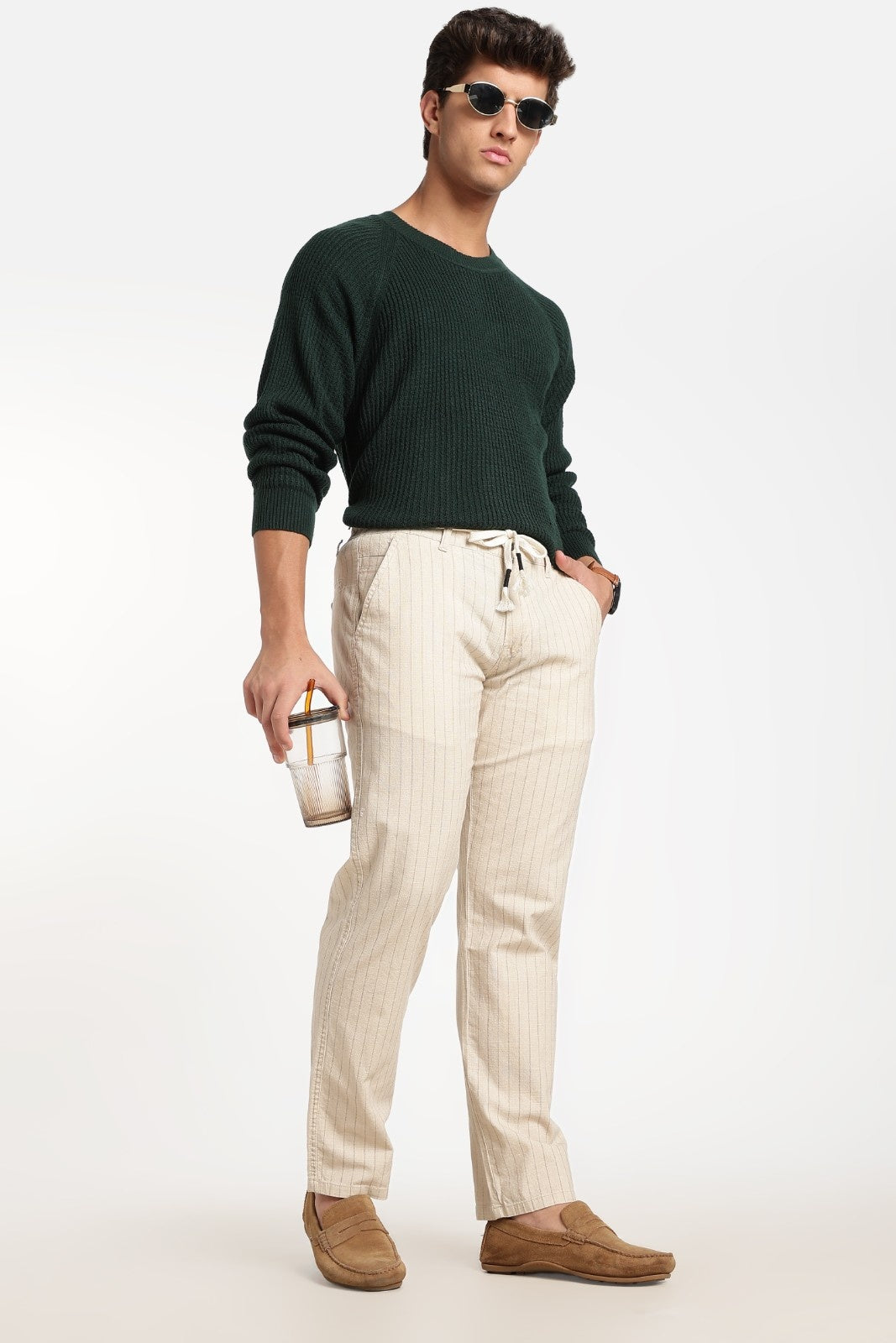 Cream Pinstripe Linen Drawstring Trousers