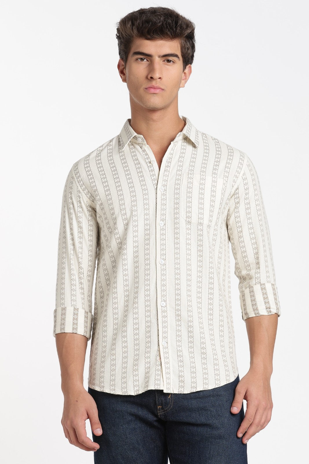 Cream Jacquard Stripe Full Sleeve Shirt