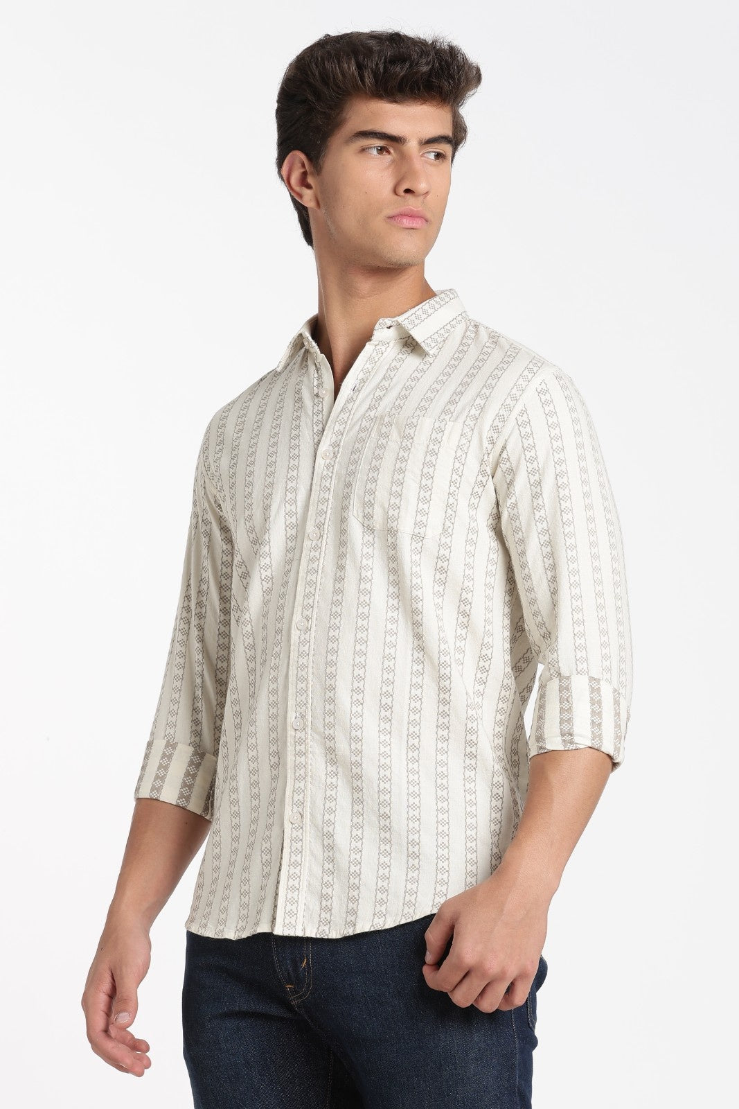 Cream Jacquard Stripe Full Sleeve Shirt