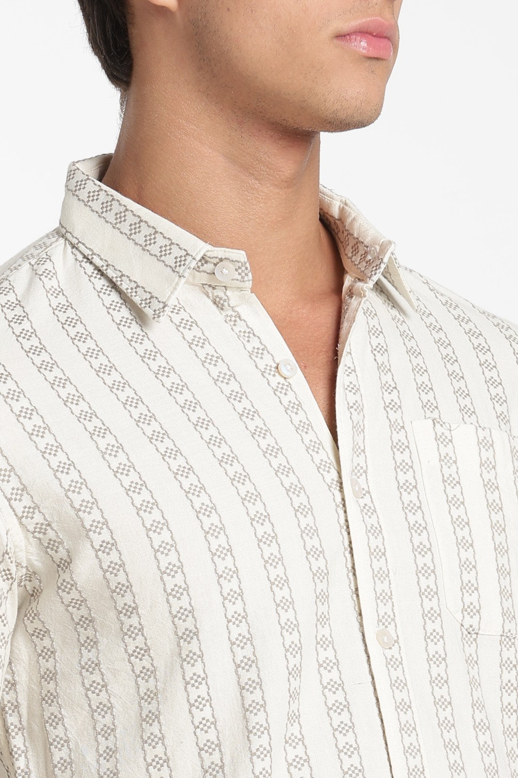 Cream Jacquard Stripe Full Sleeve Shirt