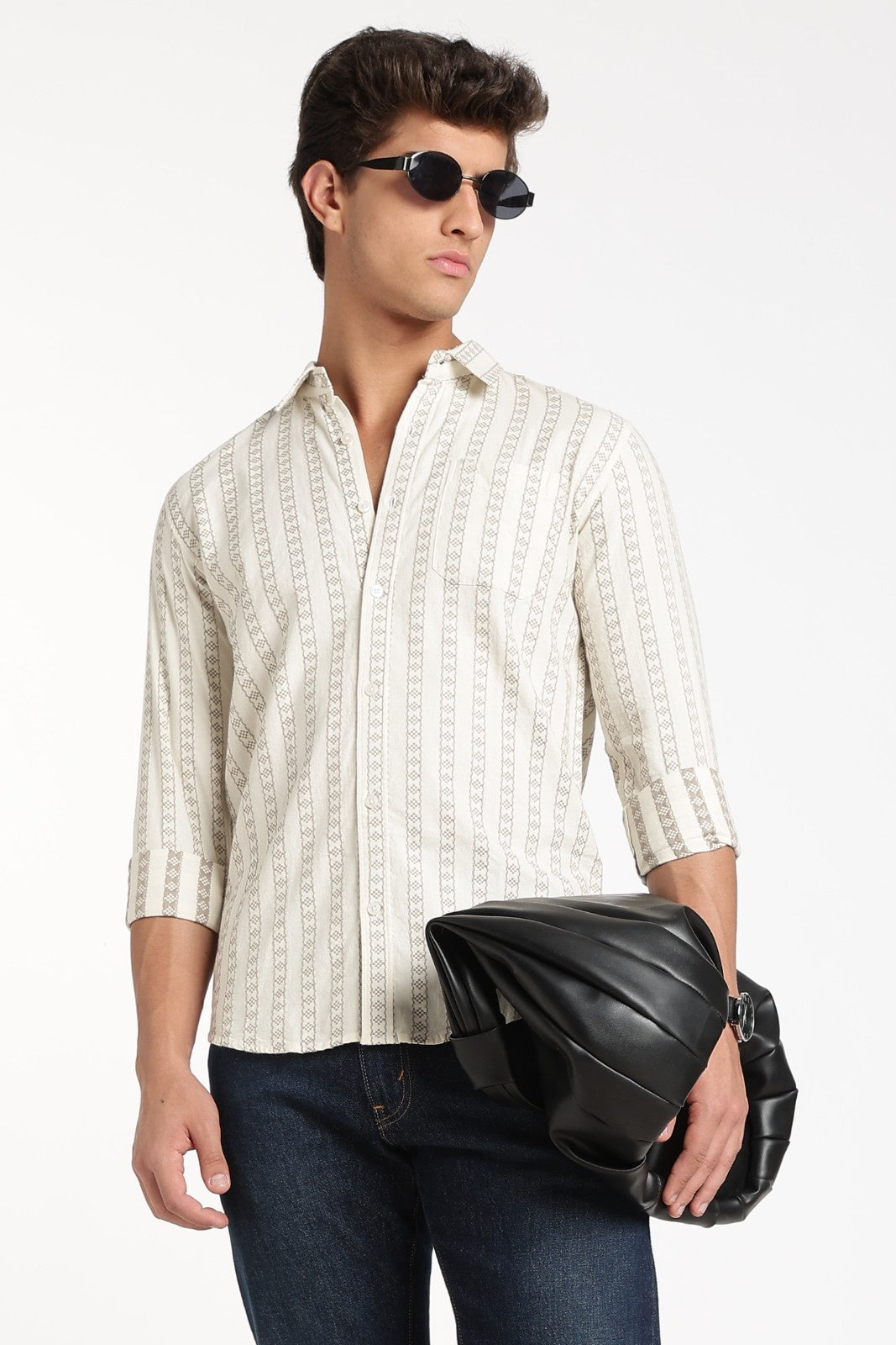 Cream Jacquard Stripe Full Sleeve Shirt