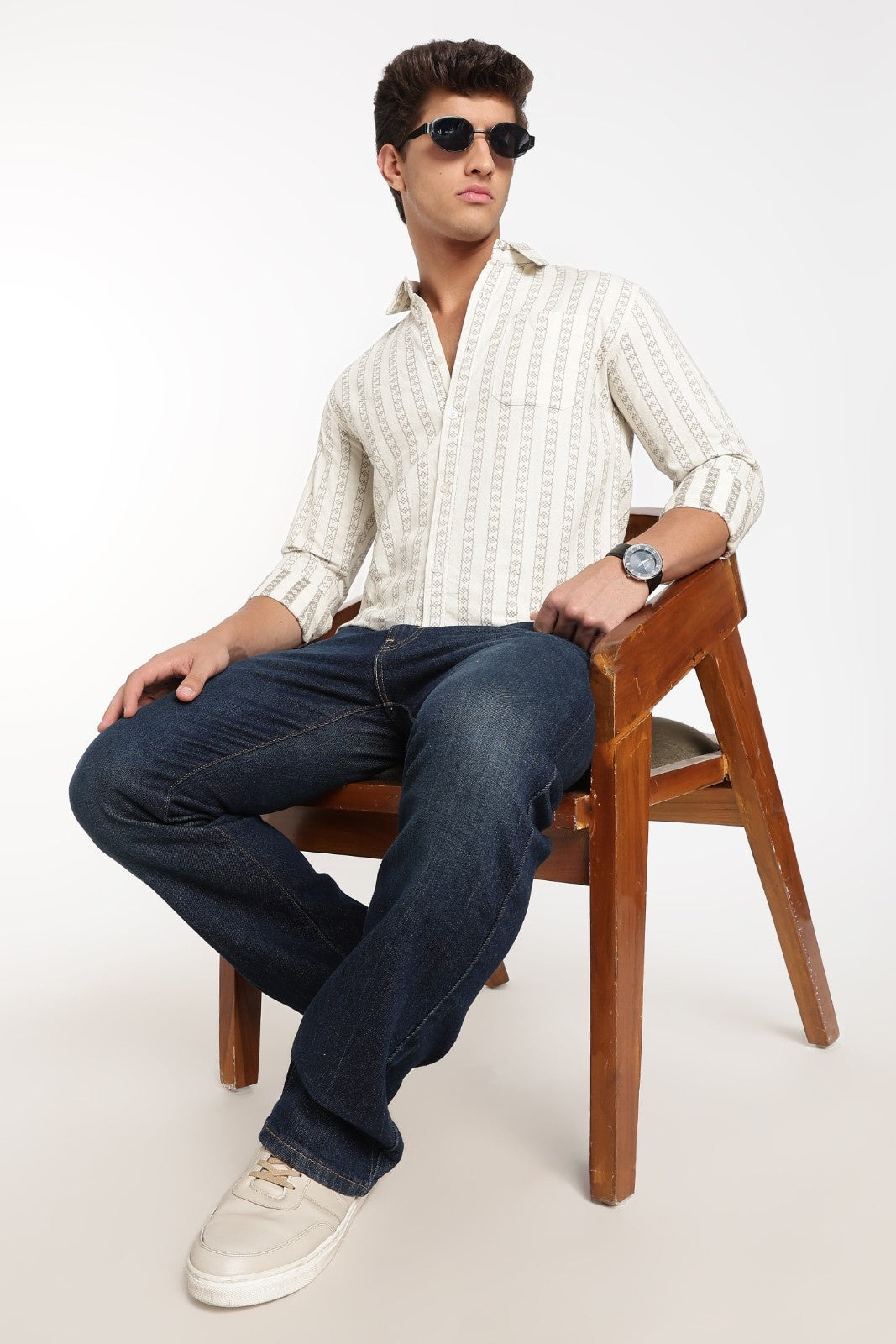 Cream Jacquard Stripe Full Sleeve Shirt
