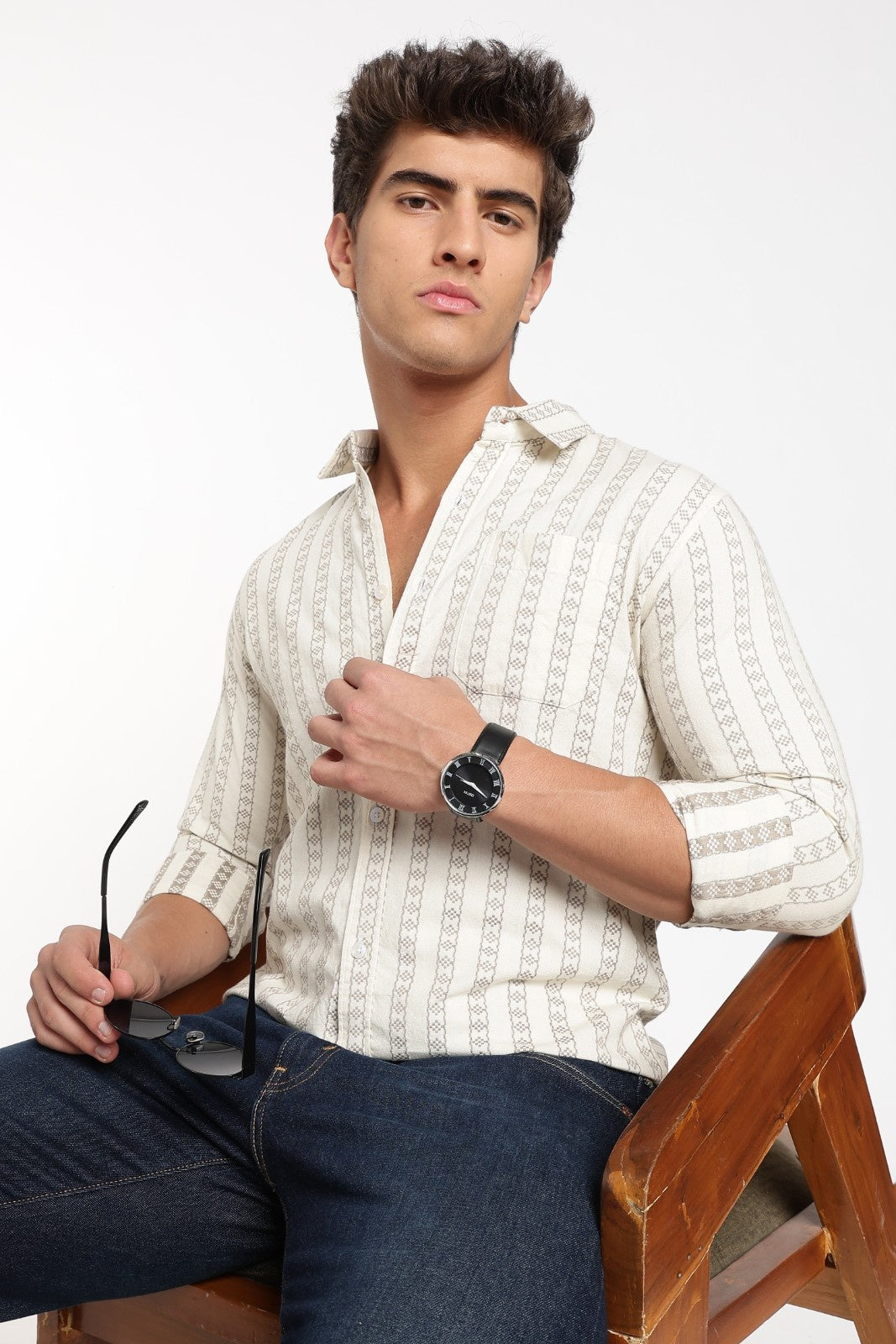 Cream Jacquard Stripe Full Sleeve Shirt