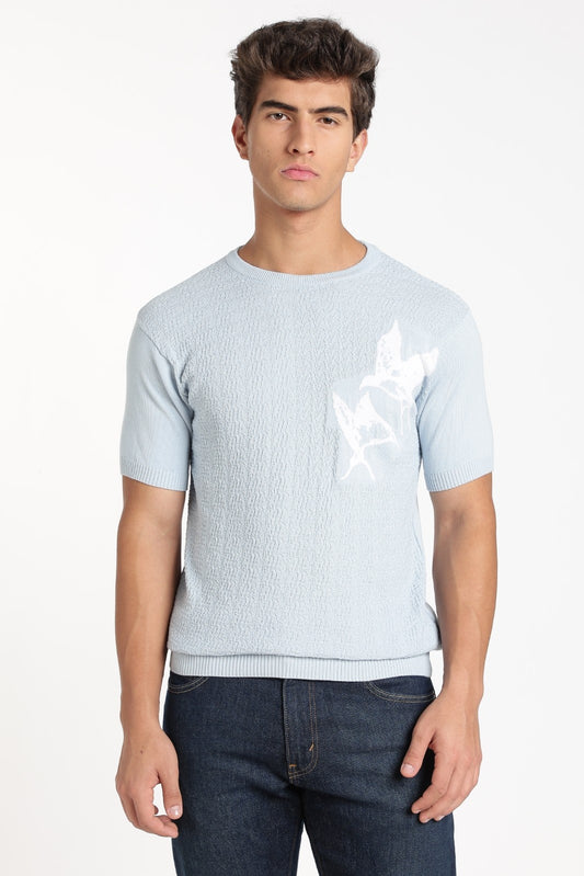 Sky Blue Floral Jacquard Knit Tee