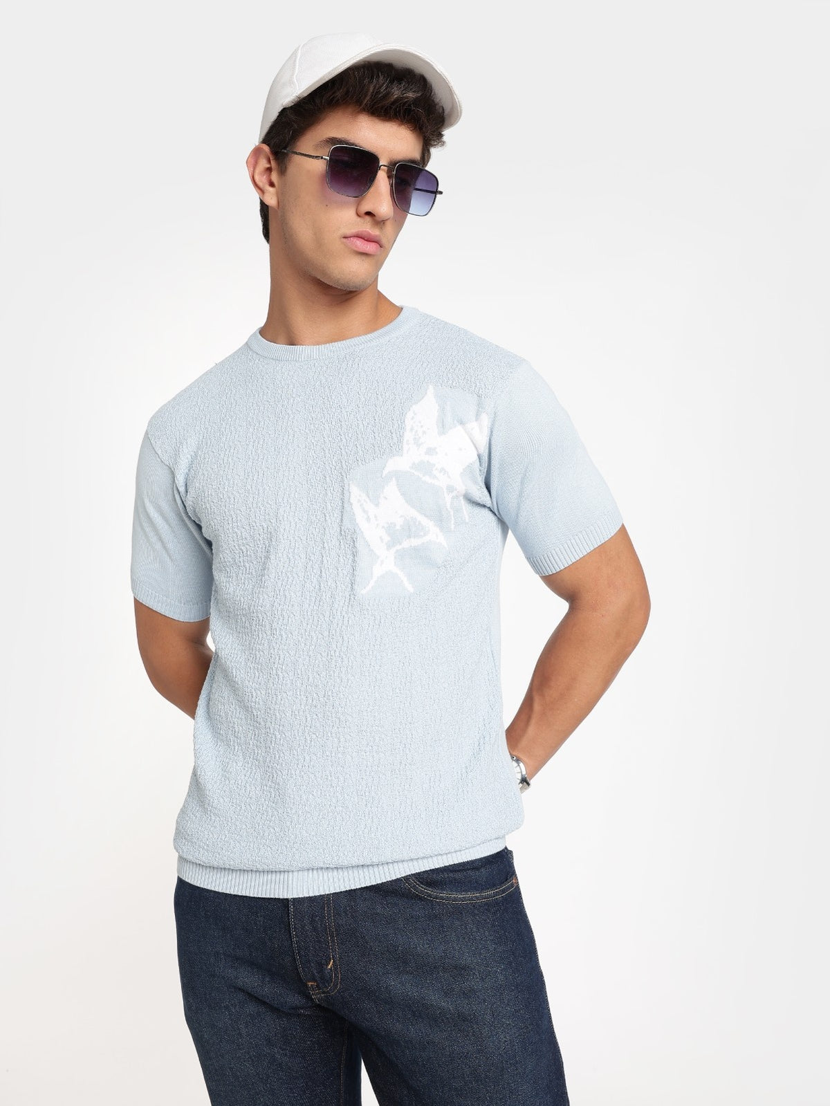 Sky Blue Floral Jacquard Knit Tee