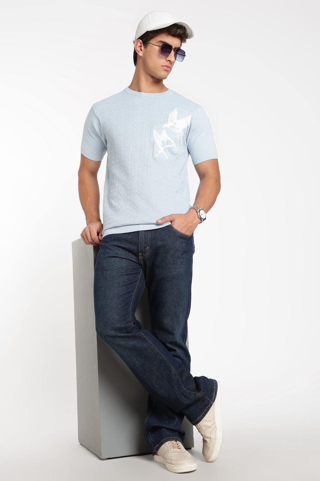 Sky Blue Floral Jacquard Knit Tee