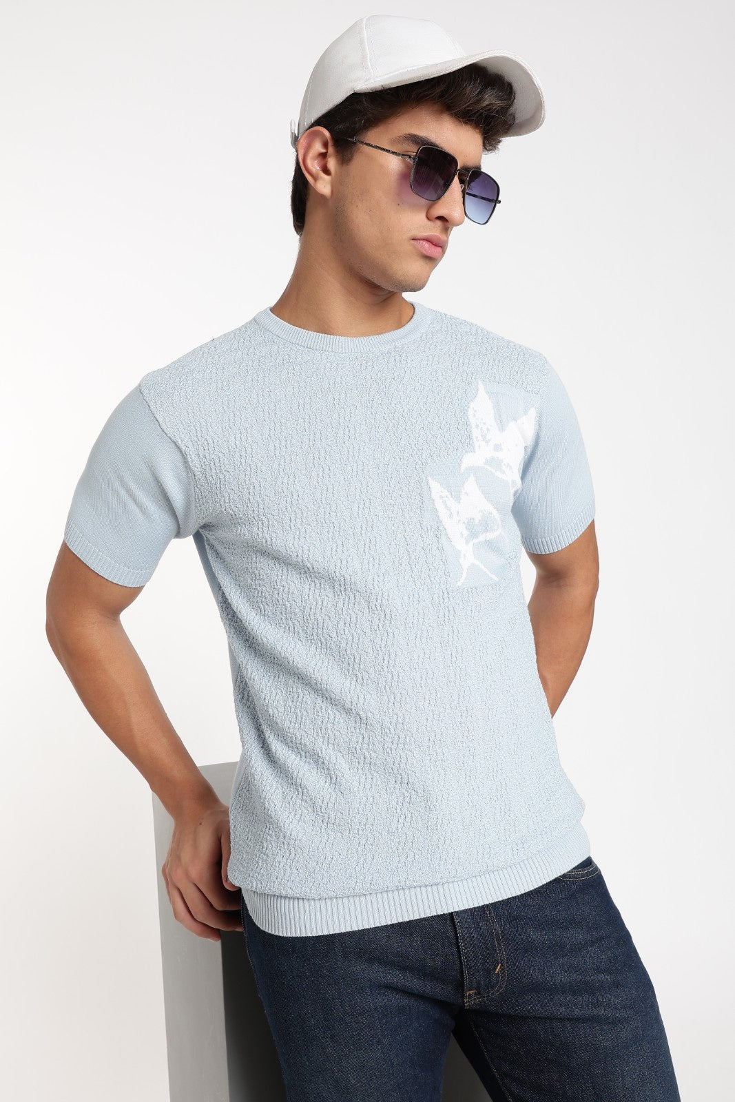 Sky Blue Floral Jacquard Knit Tee