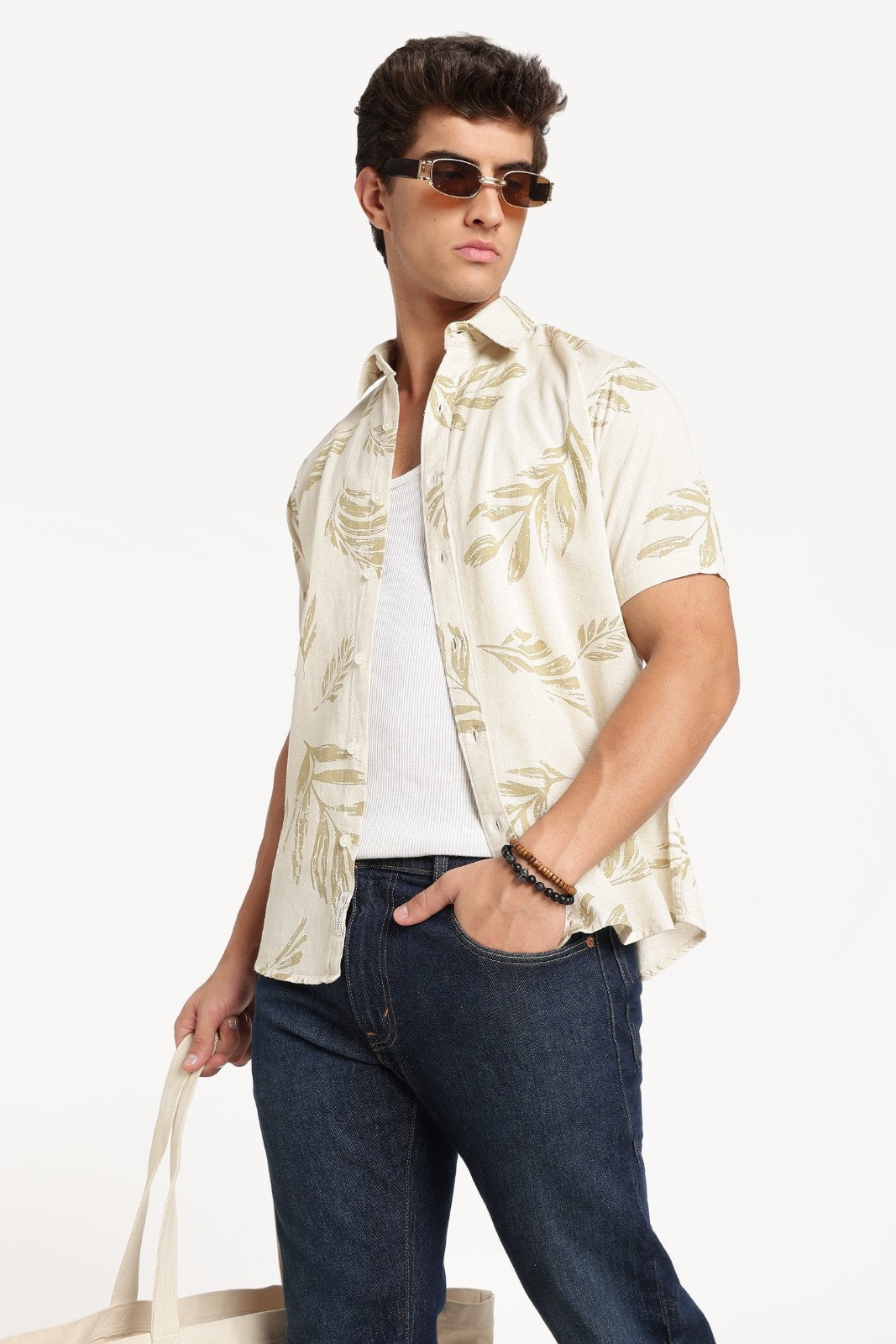 Cream Tropical Leaf Print Shirt