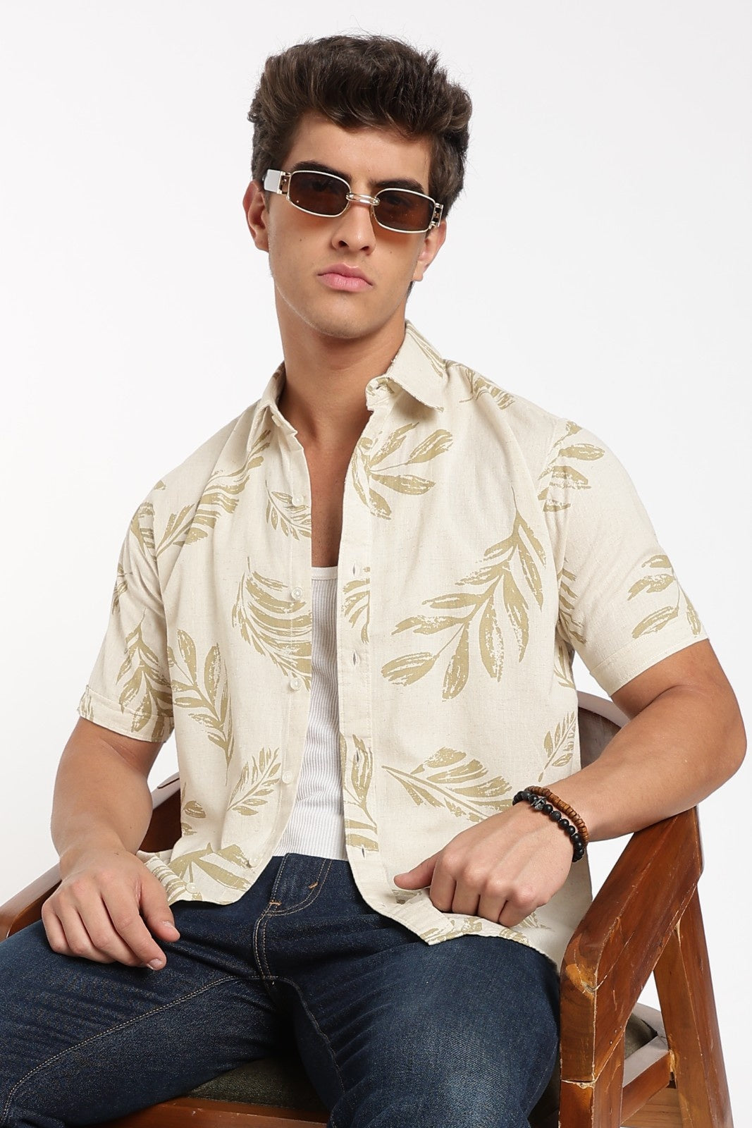 Cream Tropical Leaf Print Shirt